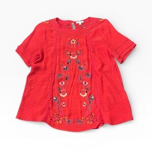 Umgee Red Boho Floral Embroidered Short Sleeve Relaxed Fit Top Size Medium